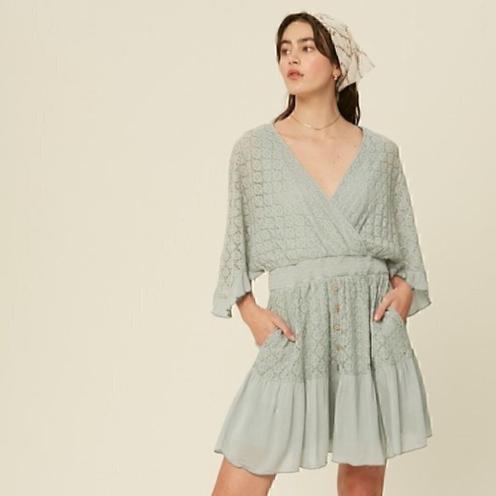 Flutter Sleeve Ruffle Hem Lace Mini Dress - Light Green